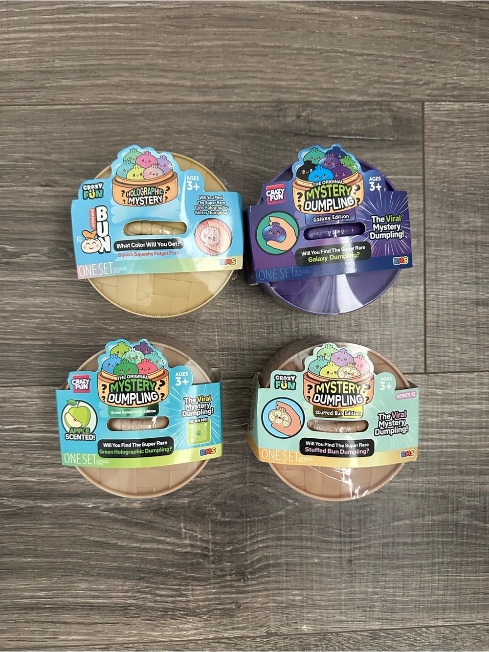 (4 pack) Original Mystery Dumpling Set- Galaxy, stuffed Bun, holographic & Apple
